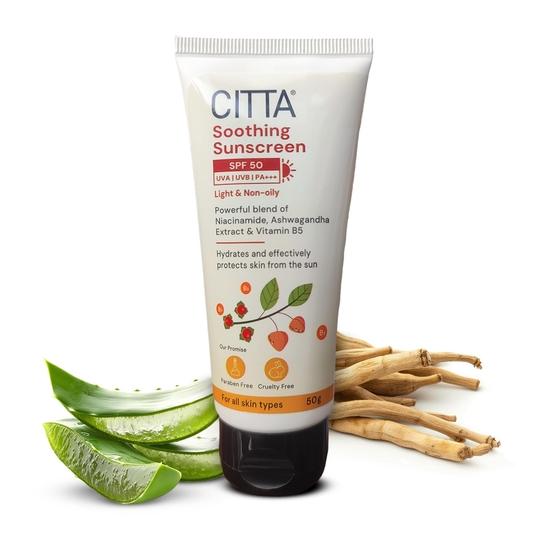 

CITTA Soothing Sunscreen SPF 50 PA+++ For Men & Women | Broad Spectrum Protection Hydrating Sunscreen For All Skin Types | No White Cast | 50 gm