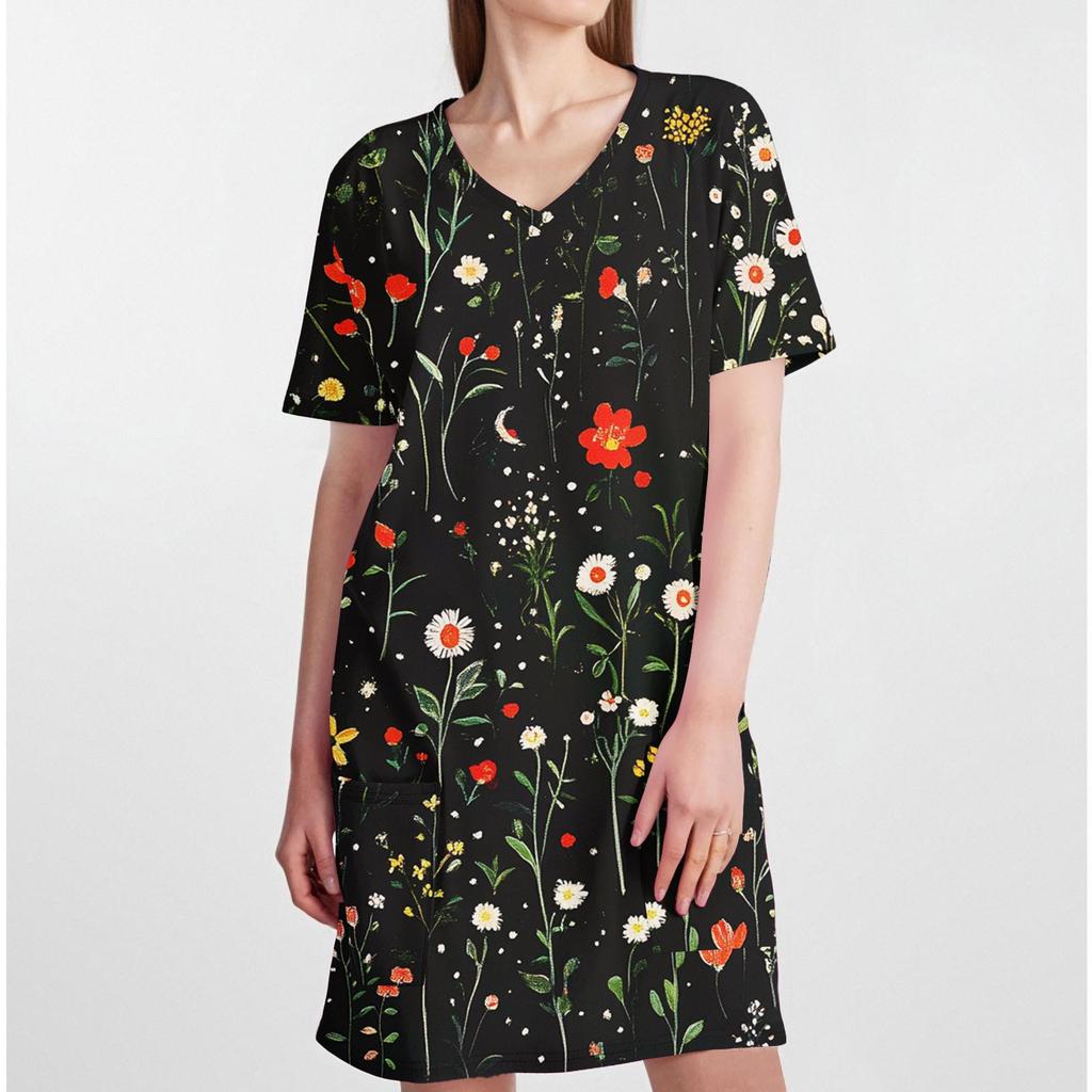 Damen Modisches Und Lässiges V-Ausschnitt Blumenmuster Mittellanges Taschen Kurzarm Oberteil