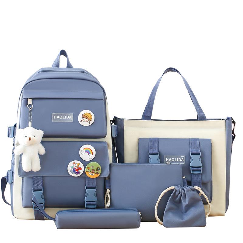 Schoolbag set backpack canvas four-piece set five-piece set student schoolbag Harajuku junior high school students class backpack wholesale