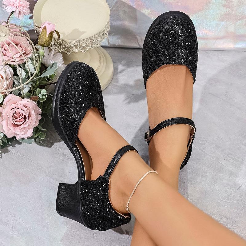 Fashion 2025 Ladies Shoes Plus Size Women's High Heels Trendy Black Glitter Ankle Buckle Strap Elegant Chunky Heels Shoes for Women