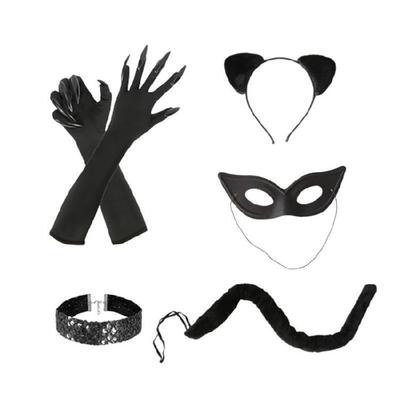 Halloween Catwoman Kostümset Katzenkrallen Handschuhe Katzenohren Stirnband Choker Halskette für Halloween Party Karneval