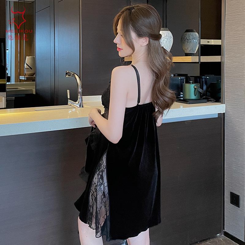 Golden velvet sexy long dress women's autumn and winter home pure desire large size suspender lace temptation suit