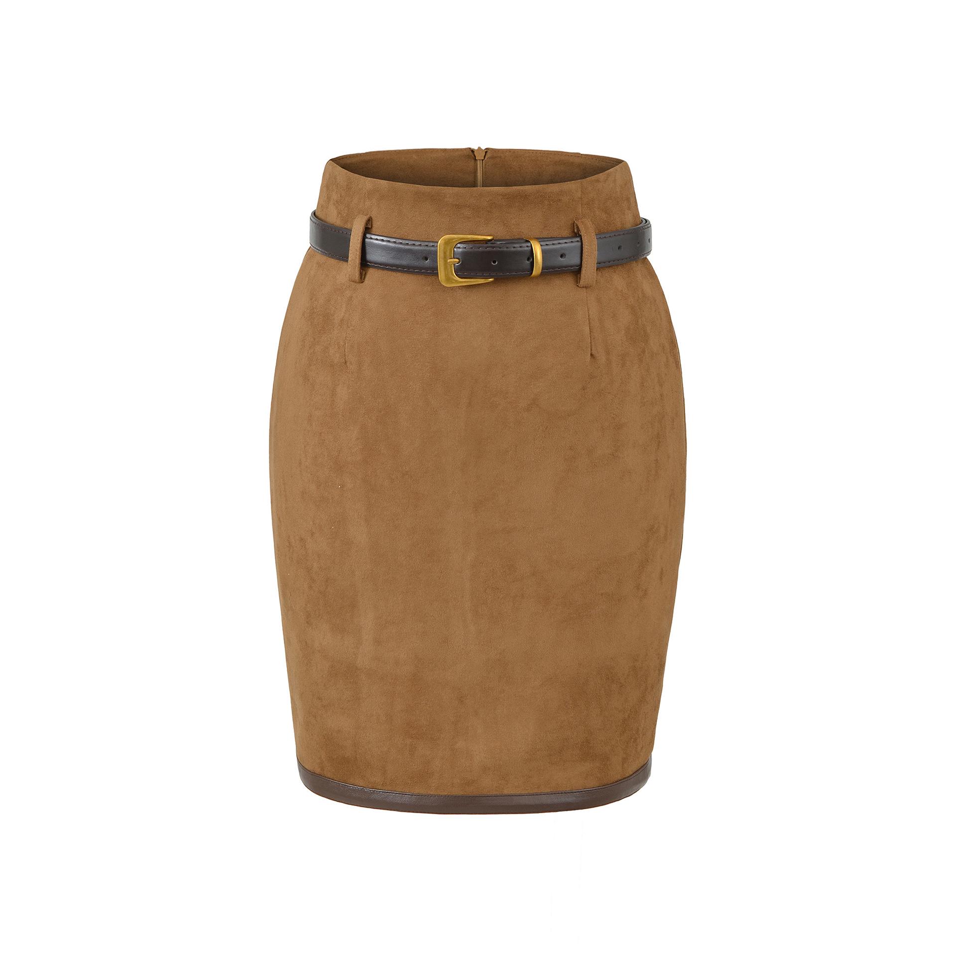Women s Spring Suede Caramel A-line Midi Skirt with Back Slit and High Waist Large