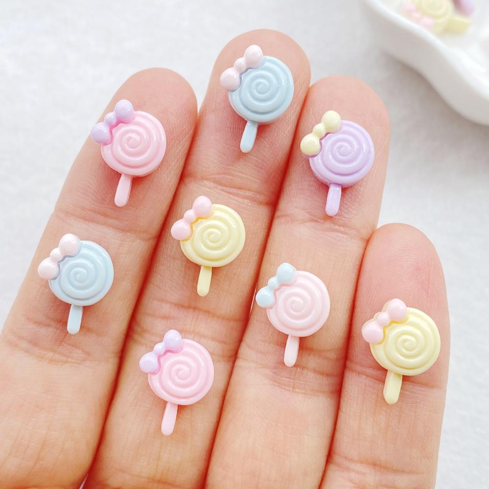 30Pcs New Cute Resin Cartoon Bow Shaped Lollipop Series Flat Back Manicure Parts Embellishments For Hair Bows Accessories