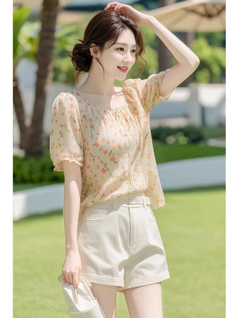 New light luxury high-end French shirt temperament top chiffon floral short-sleeved shirt women's summer