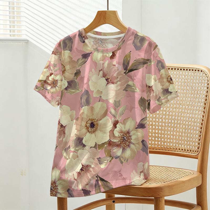 Women’s Basic Floral Short Sleeve Top Relaxed Soft Casual Tee,Minimalist Design Comfortable & Versatile for Coffee Shop Days