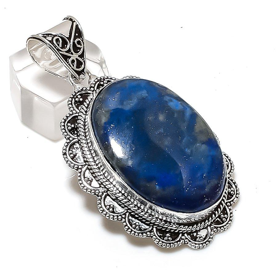 Natural Lapis Lazuli Gemstone 925 Sterling Silver Jewelry Pendant 2.29" ETC-14625