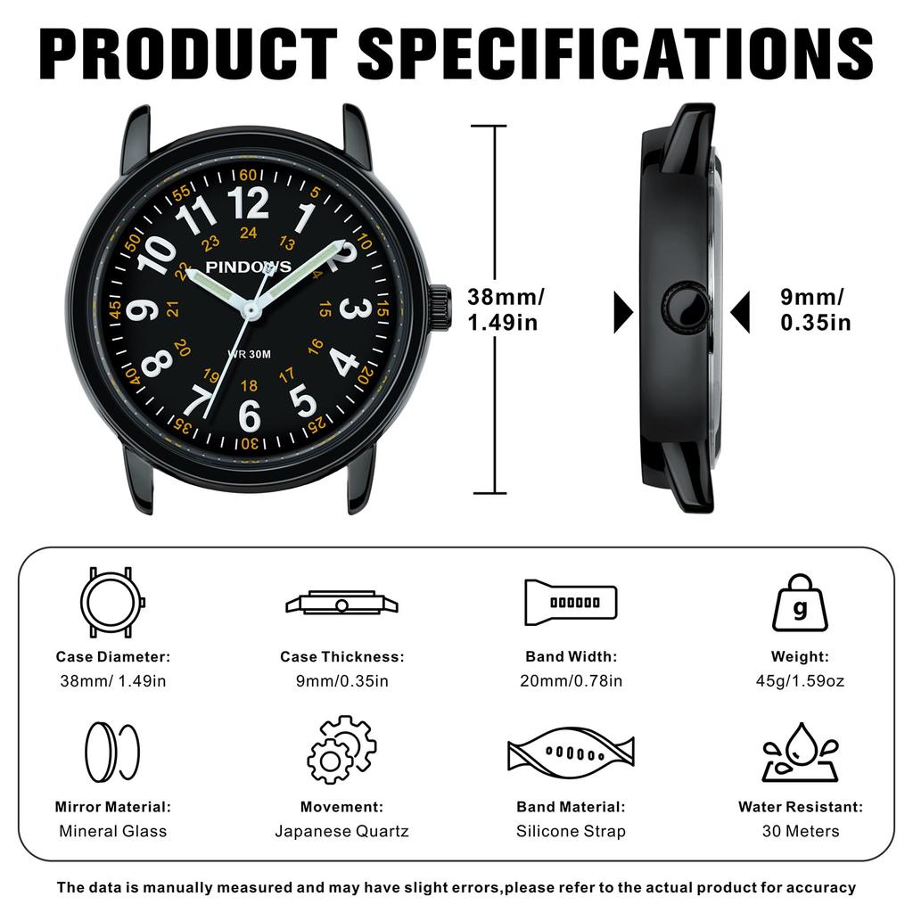 PINDOWS Analog Quartz Watch with Silicone Highly Luminous Dial for Easy Perfect for Younger Generation and Students Women's Band, Visible, Waterproof,