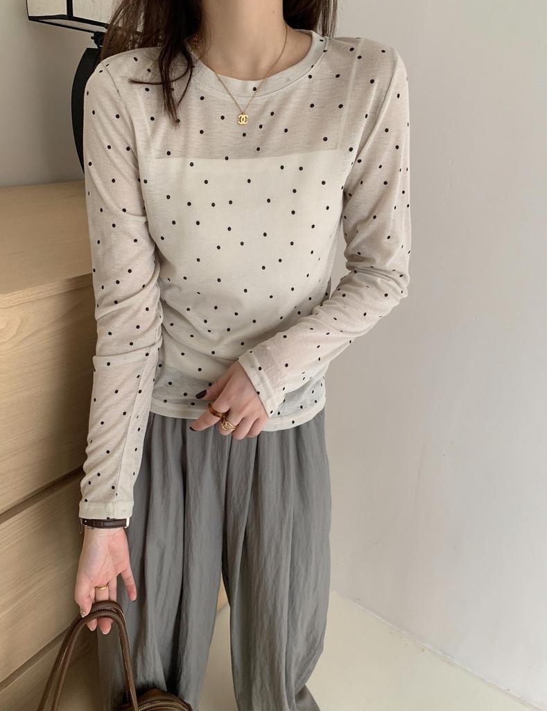 Women's Layered Polka Dot Long Sleeve T-shirt - Spring/Summer 2024 See-through Slimming Design