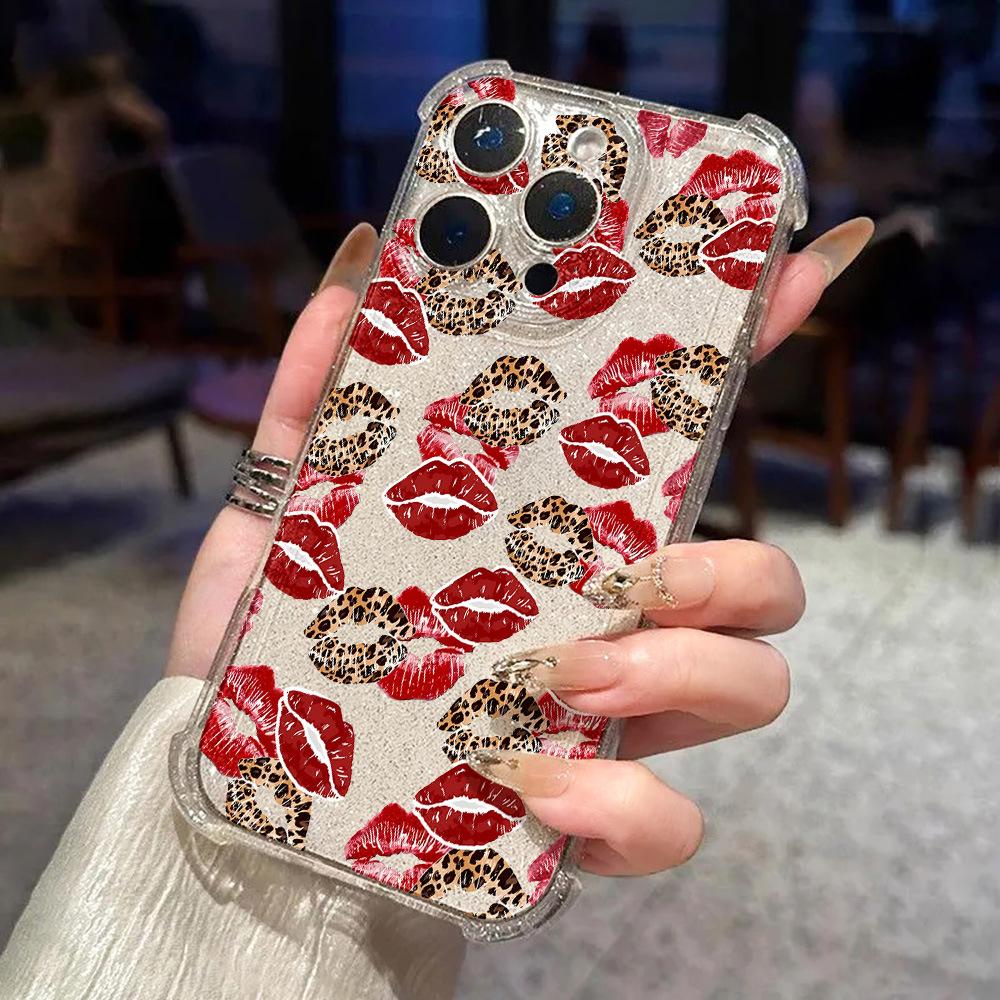 Leopard Print Kiss for iPhone17 Four Corners Anti-drop Mobile Phone Case 16 Apple All-inclusive 15/14/13 Transparent Fine Hole