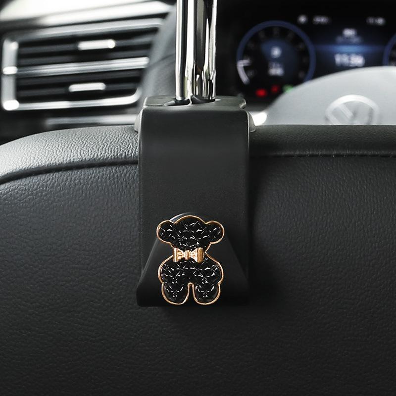 Cartoon Car Seat Back Hooks Diamond Camellia Flowers Cute Bears Decoration Car Interior Storage Hook Handbag Hanging Holder Hook
