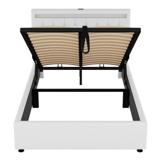 Sleeping Bed 140x200CM Platform with LED Ambient Light 24-Button Remote Control USB Type-C Charging Port Bedroom Double Modern White/Grey Large