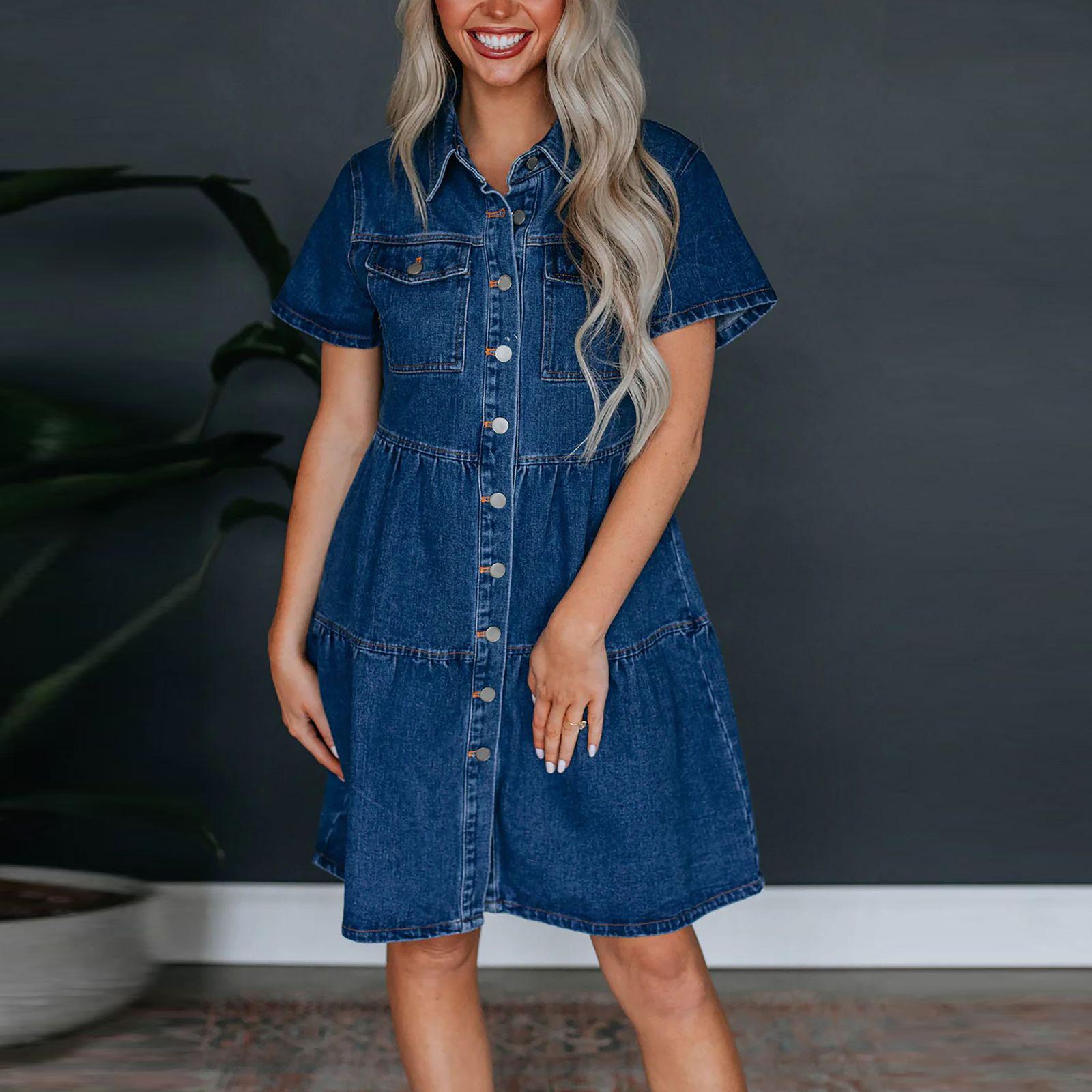 

Женское модное повседневное джинсовое платье с коротким рукавом и воротником, однотонное L