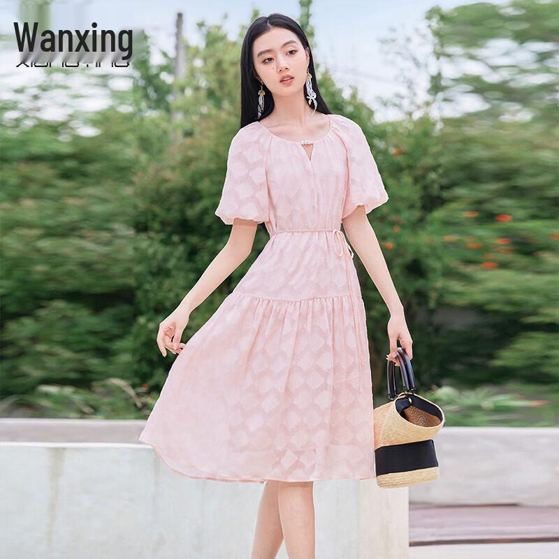 Elegant French Style Puff Sleeve Chiffon Midi Dress S