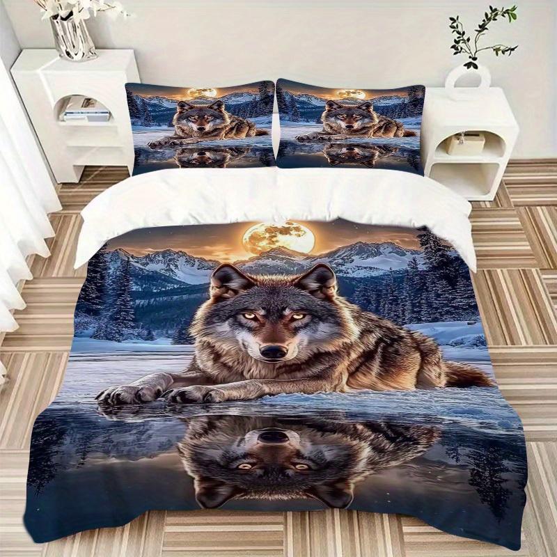 

3pcs Wolf Reflection Bedding Set Down Comforter Cover and Pillowcases, Suitable for Guest Room Home Decoration All Seasons(No Insert) S0819026 135x200cm