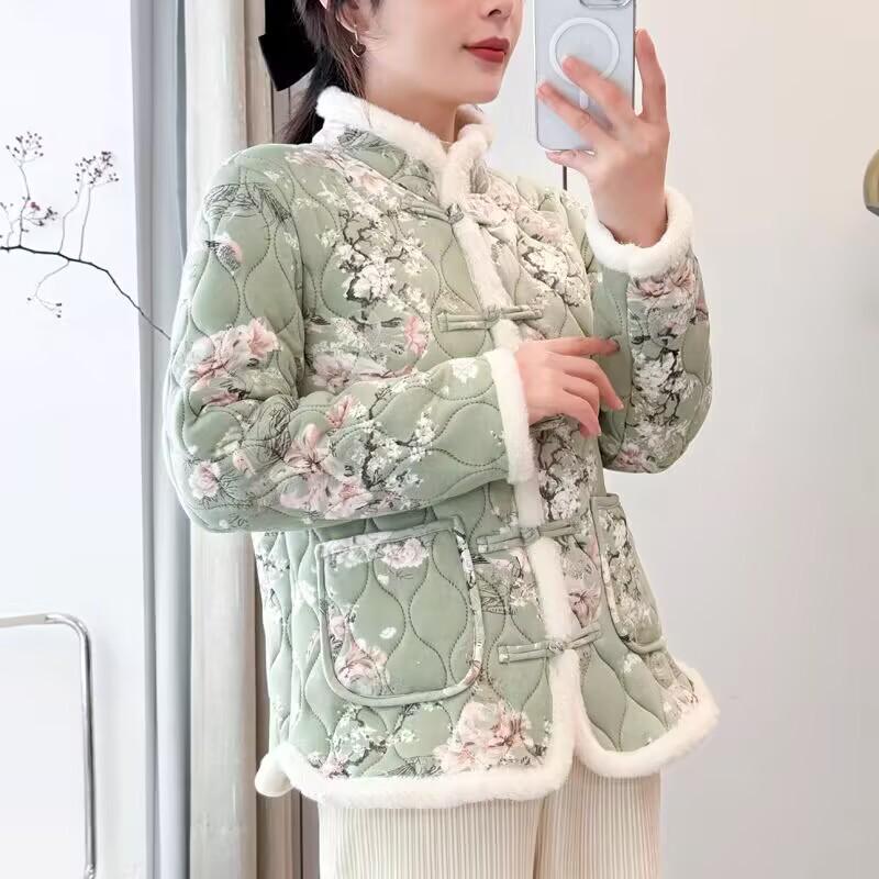 Women's Stand Collar Floral Padded Jacket - Chinese Style Winter Coat with Retro Frog Buttons and Ethnic Design, Plus Velvet for Warmth.