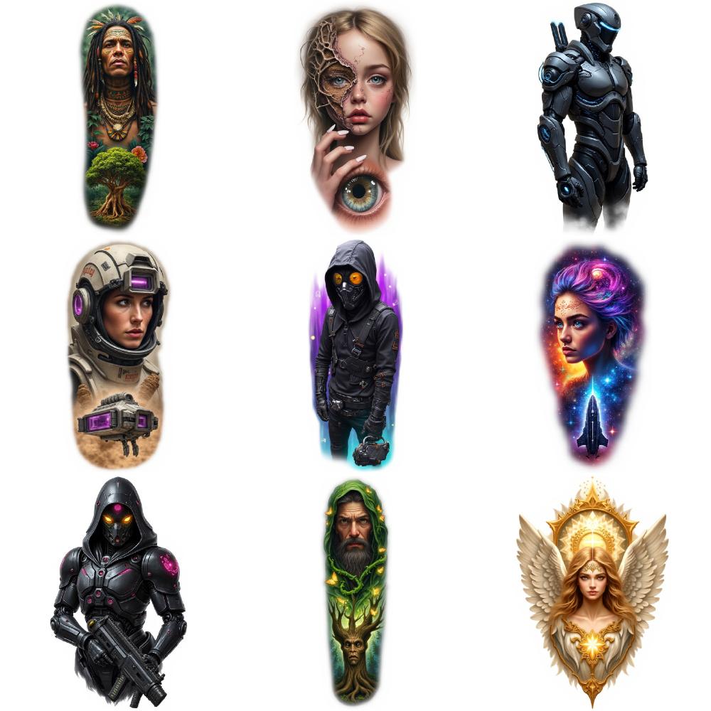 9pcs Temporary Tattoo Waterproof Long-lasting Body Stickers Hooded Warrior Female Tattoos Warrior Tattoo For Arms Male Back