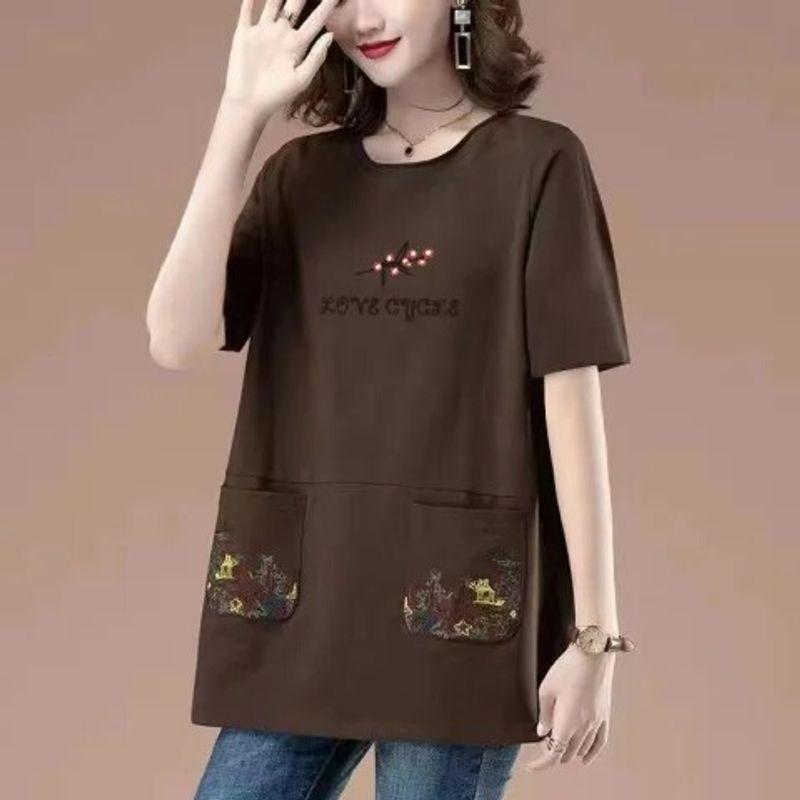 Long Length Pure Cotton Short-Sleeved T-shirt for Women Summer New Arrival Loose Plus Size Middle-Aged Ladieswear Loose Tummy Hiding Slimming Tops