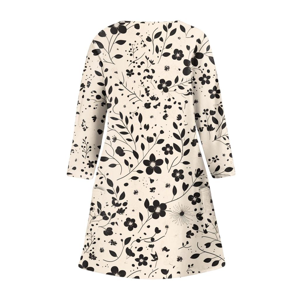 Women's Fashionable Casual V-Neck Floral Print Pocket Seven Quarter Sleeve Dress