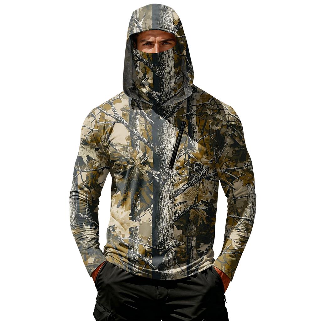 Men's Casual Leaf Camouflage Print Hooded Long Sleeve Sun Protection Shirt Lightweight Breathable Outdoor Pullover Top