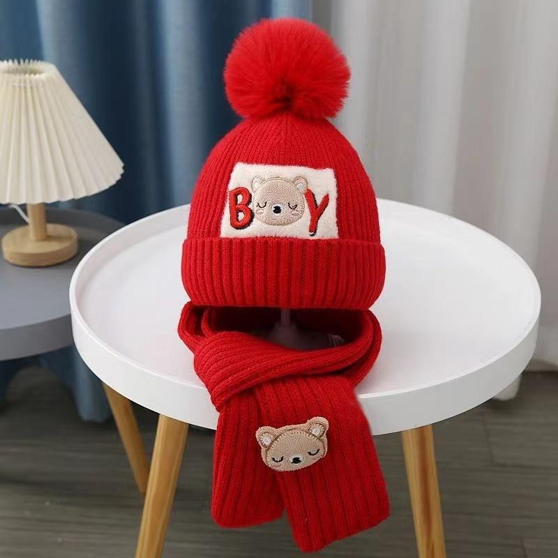 Winter children's hats, piled and thickened two-piece sets, baby hats, bear wool hats, thermal hats, sets