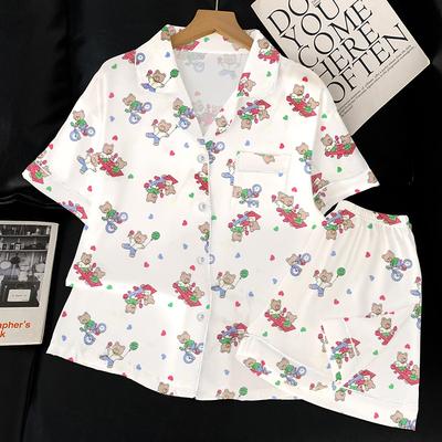 Summer Cartoon Cute Cold Silk Cool Short-Sleeved Suit Printed Pajamas Women'S Happy Bear Loungewear
