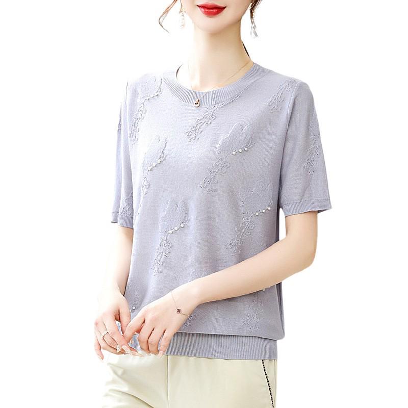 Stylish Ice Silk Knit T-Shirt – Short-Sleeve Round Neck for Middle-Aged and Elderly Women