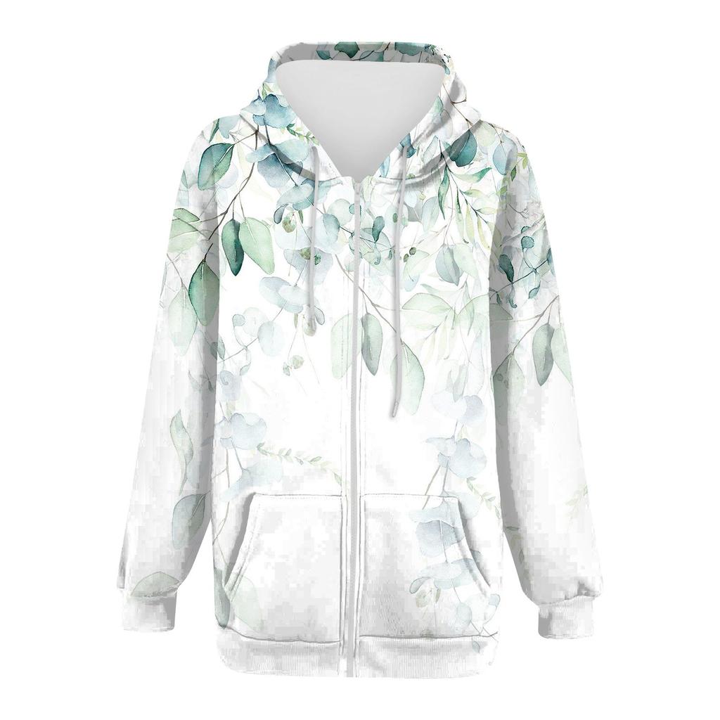 Damen Casual Fashion Foral Printed Langarm Pullover Hoodies Reißverschluss Sweatshirts Mantel