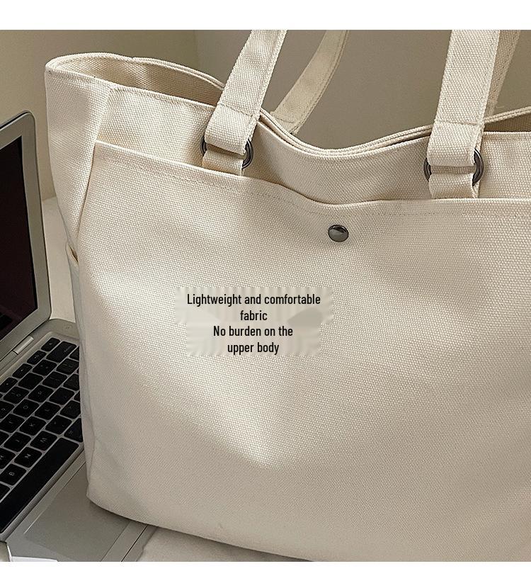 Korean Style Large Capacity Canvas Tote Bag - Lightweight, Solid Color, Shoulder Handbag with Print Logo