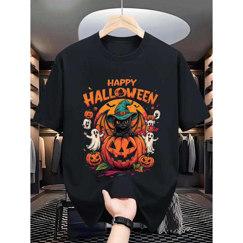 SoftWhimsy Halloween Unisex Short Sleeved Top with Horror Pumpkin Print Retro Street Style T-shirt