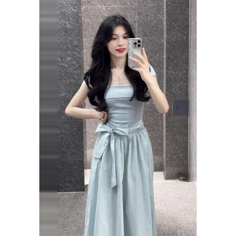 Stunning French Blue A-line Summer Dress, Women's Cinched Waist, Square Neck, Short Sleeve, with Bow Accent