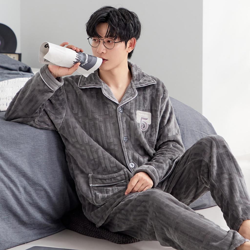 Men's Autumn/Winter Flannel Lapel Pajamas - New Arrival, Plus Velvet, Thickened Coral Fleece Homewear