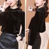 Einfarbig Gold Samt Bodenbildung Shirt frauen Herbst Winter Neue Mode Halb Stehkragen Bluse Temperament Holz Ohr Rand top