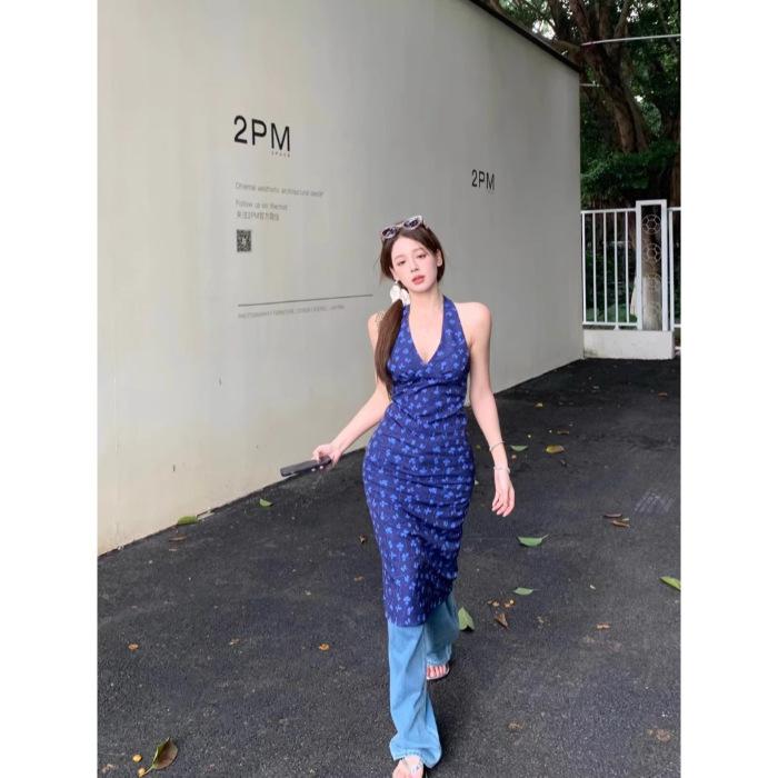 

[Original practice + zipper] French V-neck purple neck dress women s summer backless floral long dress hip wrap XL