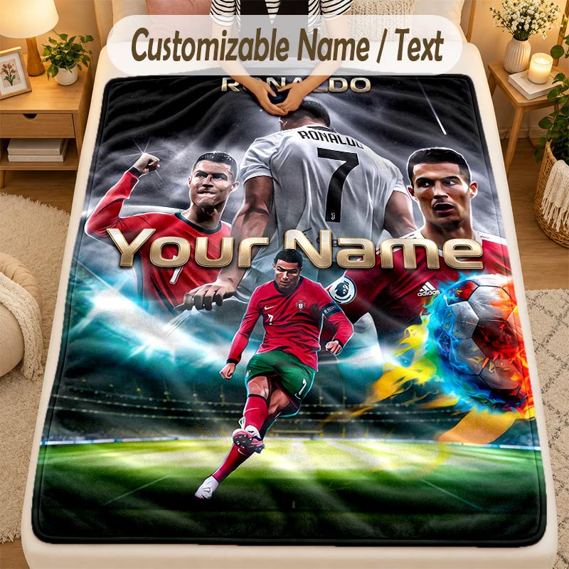 Flannel BlanketCristiano Ronaldo Custom Name Text Personalized Soft Warm Throw Blanket Home Decor Gift