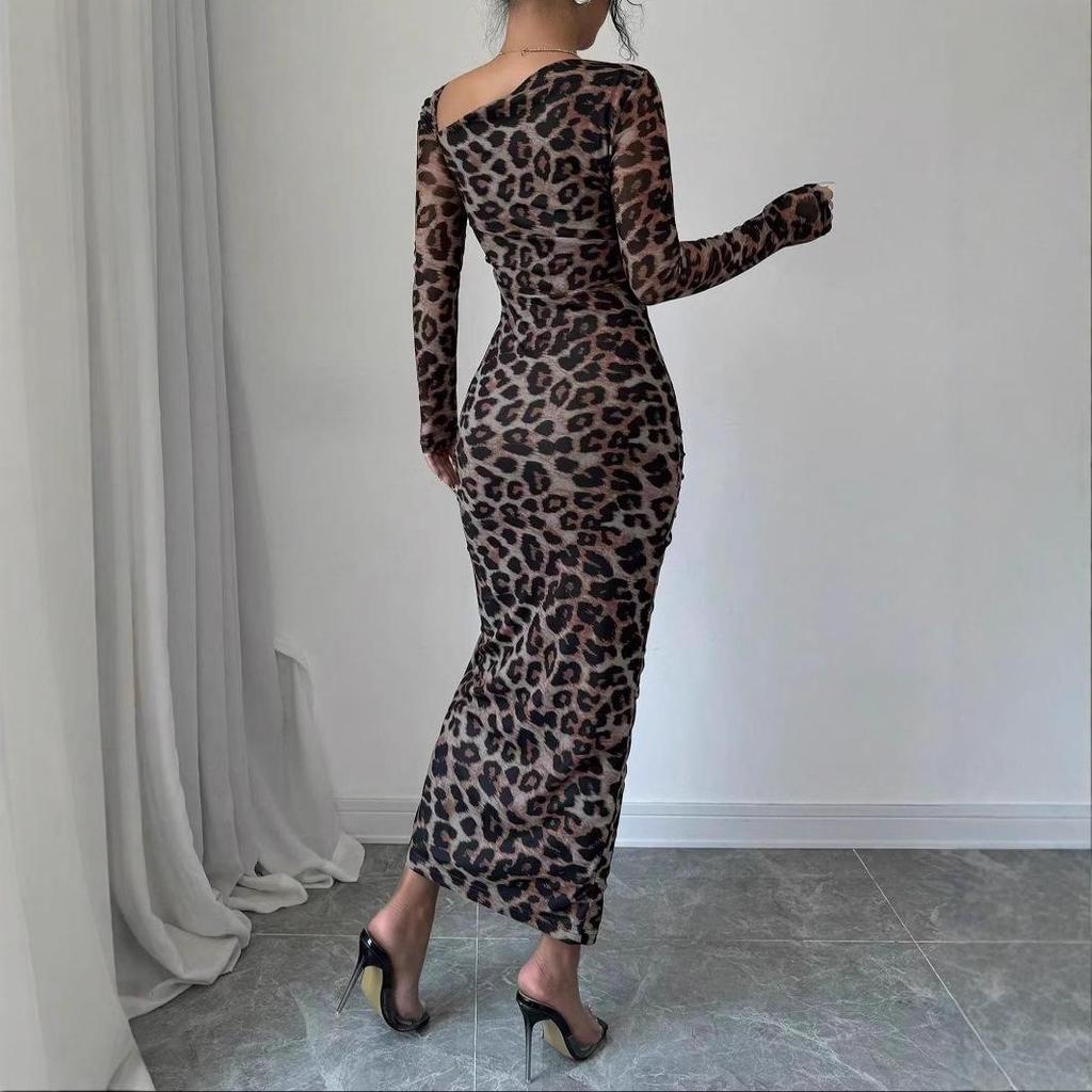 European & American Leopard Print Round Neck Long Sleeve High Waist Dress