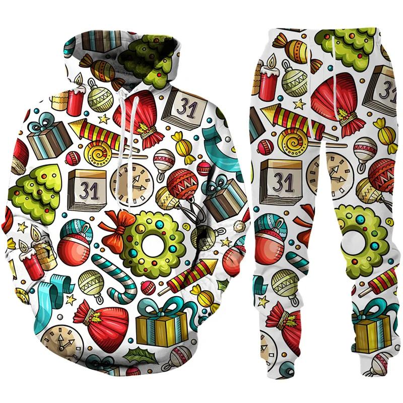 Autumn Winter Men Merry Christmas Hoodie Set Cartoon Santa Claus Clothing Male Fashion Hooded Coat Pullover Casual Streetwear