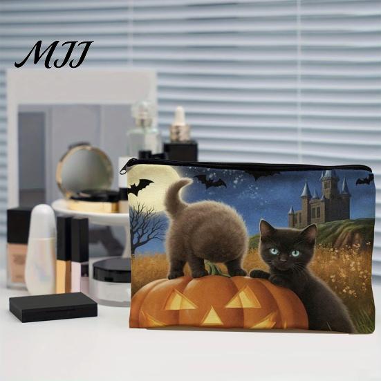 Durable Halloween Bag Storage Bag, with Pattern Printed, Smooth Zipper Tight Sealing Canvas Makeup Large Capacity Travel Cosmetic Pouch Small Object