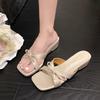 French square head open-toed cool slippers female 2025 summer beautiful bow fairy wind after empty wear wedged sandals