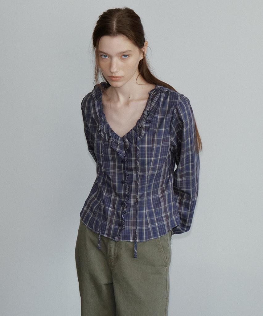 FRIVER07 Check Ruffle Tie Blouse [Frfa05Bl05]_Navy