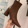 Fashion Women Vintage Ankle Boots Thick Heels Short Boot New Fashion Pointed Toe Zipper Winter Women's Shoes Leather Brown Short Booties