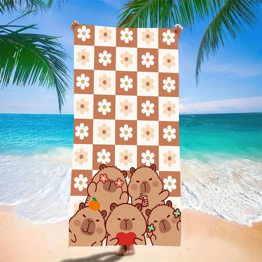 Cute Capybara & Flower Grid Beach Towel - Super Absorbent Quick Dry Microfiber, Soft Sand-Free Blanket for Picnic & Relaxation
