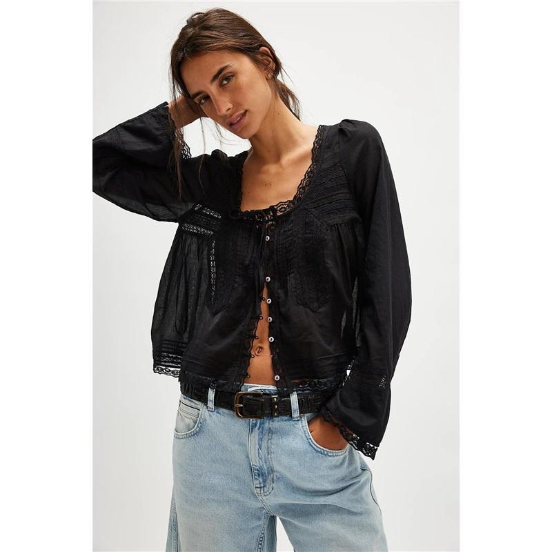 

Французская блузка Niche, осенняя кружевная рубашка, U-образный кружевной воротник, рубашка с длинными рукавами, легкая и уникальная красивая маленькая рубашка M