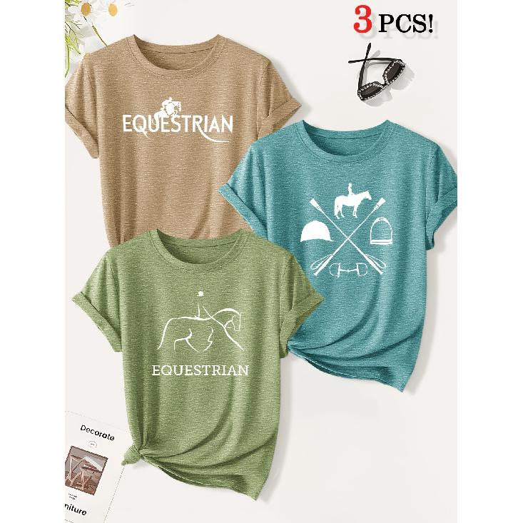 3 Equestrian-themed printed fashion retro-style women's short-sleeve suit Versatile for daily commuting and casual wear in spring and summer T Shirt
