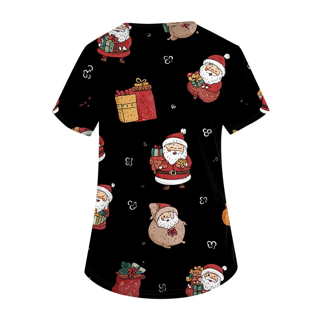 Dammode Kortärmad Jultryck V-ringad Ficka Arbetskläder Toppar