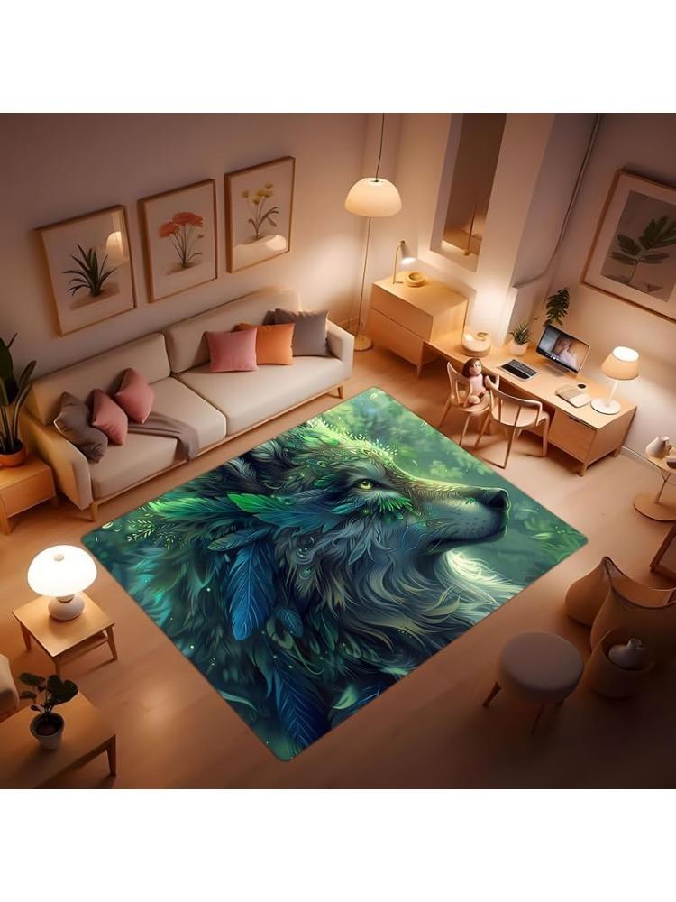 Wolf print pattern area rug, howling wolf under the moon plush area rug, suitable for living room bedroom dining room entrance