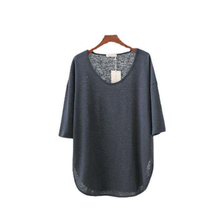 Women's Korean-Style Summer Cotton Linen Round Neck Shirt, Loose Fit, Mid-Sleeve, Plus Size Casual Top