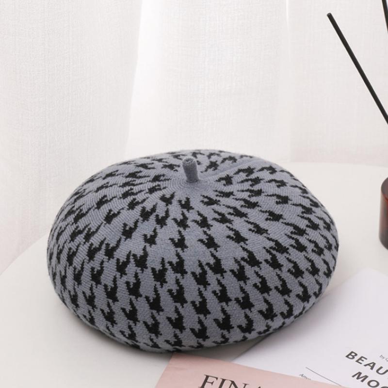 Women's Thousand Bird Plaid Beret Style Beanie Knit Hat Warm Keeping Fashion Artist Art Warm Hat Cap