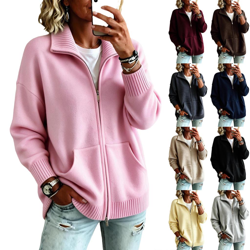 Women's Knit Cardigan with Lapel Collar and Front Zipper, Casual Outerwear for Everyday Wear
