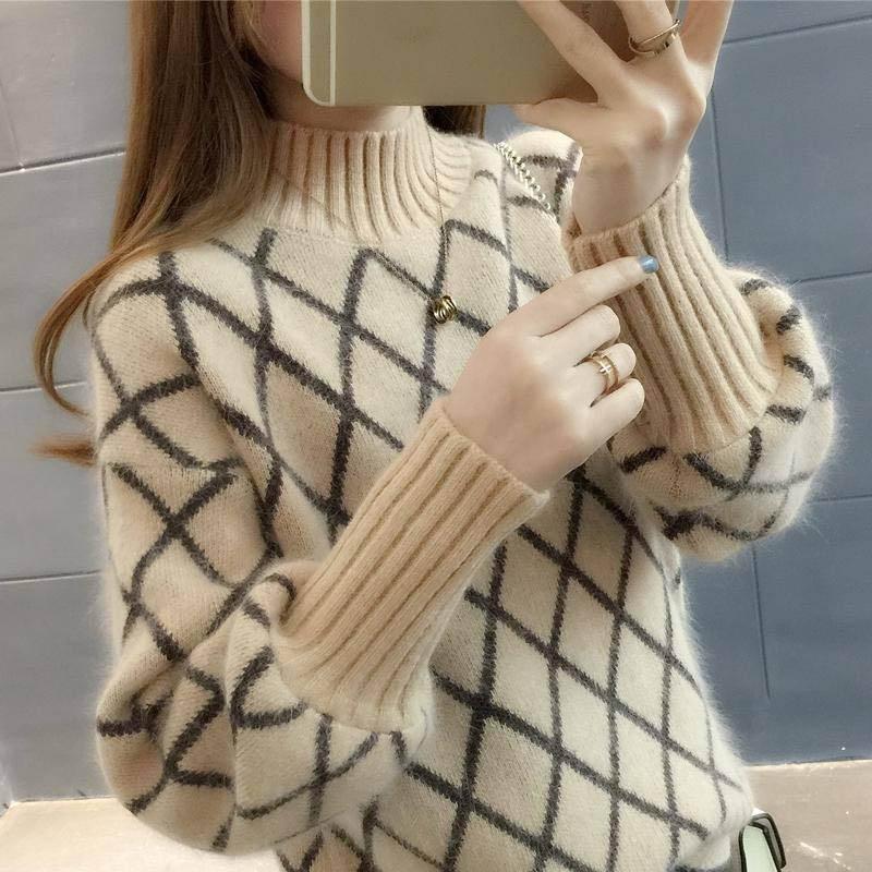 

Pofulove Мохер Girly Водолазка с рукавами-фонариками Трикотаж Удобный для кожи пуловер в клетку с потерей цвета Свитер S